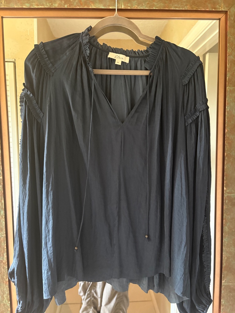Elan Navy Ruffle Trim Peasant Blouse